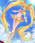  bad_id bad_pixiv_id blonde_hair blue_background boots bow choker cloud cure_sunshine day dutch_angle gloves hair_ribbon heart heartcatch_precure! knee_boots legs long_hair magical_girl midriff myoudouin_itsuki navel open_mouth orange_bow orange_choker orange_skirt outstretched_arms precure ribbon senoo_aoi skirt sky solo spread_arms sun twintails very_long_hair white_gloves wrist_cuffs yellow_bow yellow_eyes 