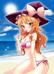  bikini blonde_hair braid breasts cleavage food halftone halftone_background hat highres kirisame_marisa long_hair medium_breasts popsicle saipin side-tie_bikini skindentation solo strap_slip swimsuit touhou witch_hat yellow_eyes 