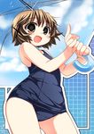 :d absurdres brown_eyes brown_hair from_below hair_ornament hairclip hidamari_sketch highres nagayama_yuunon one-piece_swimsuit open_mouth school_swimsuit short_hair smile solo swimsuit umbrella x_hair_ornament yuno 