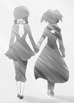  absurdres bad_id bad_pixiv_id black_rock_shooter black_rock_shooter_(character) bunako_wa coat dead_master from_behind greyscale highres holding_hands kuroi_mato monochrome multiple_girls short_twintails star takanashi_yomi twintails walking 