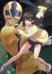  brown_eyes brown_hair hanaori_kotoha hood hoodie izumi_rion kneehighs legs samurai_sentai_shinkenger shinken_yellow short_hair socks super_sentai sword weapon 