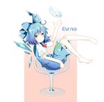  aya_mizu barefoot blue_eyes blue_hair bow character_name cirno cup cupping_glass full_body hair_bow ice short_hair simple_background sitting solo spoon touhou wings 