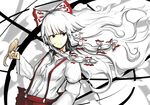  bangs bird bird_on_hand blunt_bangs fujiwara_no_mokou highres long_hair ribbon sergei_(pattundo) solo touhou white_hair 