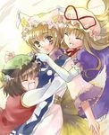  animal_ears blonde_hair brown_hair cat_ears cat_tail chen closed_eyes coco_(artist) earrings elbow_gloves fang fox_tail girl_sandwich gloves hat hug jewelry long_hair long_sleeves multiple_girls multiple_tails open_mouth pillow_hat sandwiched short_hair tail tassel touhou white_gloves wide_sleeves yakumo_ran yakumo_yukari 