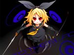  bad_id bad_pixiv_id blonde_hair dress fingerless_gloves gloves hair_ornament hair_ribbon hairclip kagamine_rin katana metaphor_(artist) red_eyes ribbon sailor_dress short_hair smile solo sword vocaloid weapon 