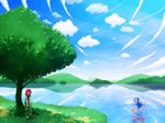  cirno cloud day etogami_kazuya highres hong_meiling multiple_girls nature outdoors reflection scenery sky touhou wallpaper water 