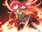  alastor_(shakugan_no_shana) black_legwear bow bowtie fire millipen_(medium) mixed_media red red_hair school_uniform shakugan_no_shana shana solo sword tachitsu_teto thighhighs traditional_media weapon zettai_ryouiki 