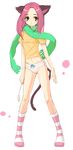 animal_ears artist_request blush bow bow_panties brown_eyes cat_ears cat_tail copyright_request green_scarf long_hair no_pants panties petite pink_hair pink_legwear pink_panties red_hair scarf shirt socks solo standing striped striped_legwear tail underwear 
