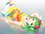  asami_(undoundo) boots goggles goggles_on_head green_eyes green_hair gumi highres lying midriff see-through short_hair smile solo vocaloid wrist_cuffs 