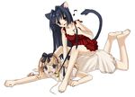  animal_ears barefoot bell black_hair blonde_hair blush cat_ears cat_tail feet hairband hands long_hair lying multiple_girls musical_note on_stomach open_mouth original piyodera_mucha red_eyes short_sleeves simple_background sitting sitting_on_person tail tears toes white_background 