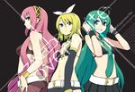  ahoge aqua_hair belt bikini_top chan_co grin hair_down hand_on_head hatsune_miku kagamine_rin long_hair looking_back megurine_luka multiple_girls navel necktie overwrite_(vocaloid) pink_hair smile very_long_hair vocaloid wrist_cuffs 