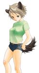  animal_ears blush brown_eyes brown_hair copyright_request denim denim_shorts dog_ears inuburo legs short_hair shorts solo striped tail 