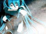  aqua_eyes aqua_hair crossed_arms crossed_legs detached_sleeves hatsune_miku high_contrast long_hair nottou pale_skin sad sitting solo twintails vocaloid 