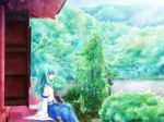  akashio_(loli_ace) bad_id bad_pixiv_id blue_skirt building day detached_sleeves from_side green_eyes green_hair kochiya_sanae light_rays long_hair long_sleeves nontraditional_miko outdoors plant profile shrine sitting skirt solo touhou tree 