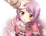  blush_stickers chobipero coat commentary_request duffel_coat from_above hand_on_another's_head hands lavender_hair looking_up mittens nagato_yuki out_of_frame petting pov pov_hands scarf short_hair solo_focus striped striped_scarf suzumiya_haruhi_no_yuuutsu yellow_eyes younger 
