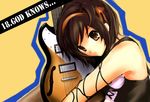  absurdres brown_eyes brown_hair guitar hair_ornament highres instrument pantyhose rajiwo short_hair solo suzumiya_haruhi suzumiya_haruhi_no_yuuutsu 