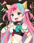  absurdres agung_syaeful_anwar black_background blue_eyes blush bra collarbone gloves hair_ornament hairclip highres laughing long_hair multicolored_hair ojou-sama_pose open_mouth pink_hair pinky_pop_hepburn pinky_pop_hepburn_official portrait ribbon shirt underwear 