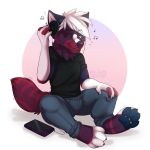 2019 4_toes 5_fingers anthro barefoot canine clothed clothing digital_media_(artwork) ei-ka eyebrows hair male mammal one_eye_closed sitting smile solo toes white_hair 