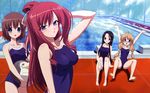  4girls absurdres arm_up barefoot bird black_hair blush bow brown_eyes brown_hair chain-link_fence competition_school_swimsuit day detexted fence glasses hara_shouji highres hirohara_yukiko kusakabe_misuzu long_hair minase_yuka multiple_girls non-web_source official_art one-piece_swimsuit outdoors penguin perspective pool pool_ladder poolside purple_eyes red_hair school_swimsuit short_hair starting_block stuffed_animal stuffed_toy sunlight swimsuit tachibana_kukuri third-party_edit twintails very_long_hair water 