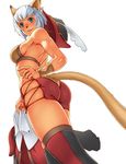  animal_ears armpits ass ass_cutout back blue_eyes boots bracer breasts butt_crack cat_ears cat_tail cropped facial_mark feathers final_fantasy final_fantasy_xi from_behind gochou_(kedama) hat looking_back medium_breasts mithra no_panties red_mage shiny shiny_skin short_hair short_shorts shorts sideboob simple_background smile solo standing tail tail_slit_clothes tail_through_clothes thigh_boots thighhighs white_hair 