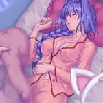  akiko_minase animal_ears blue_hair blush blushing braid cat_ears kanon long_hair lowres minase_akiko nekomimi pajamas plait pyjamas sleeping 