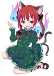  absurdres animal_ears bow braid cat_ears full_body hair_ribbon highres kaenbyou_rin miyao_ryuu open_mouth red_eyes red_hair ribbon solo touhou transparent_background twin_braids 
