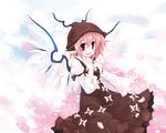  animal_ears bangs bird_ears bird_wings brown_dress brown_hat cherry_blossoms clenched_hand dress frilled_skirt frills hand_on_own_chin hat long_sleeves looking_at_viewer mystia_lorelei open_mouth petals pink_hair red_eyes short_hair skirt smile solo touhou winged_hat wings yukitarou_(awamori) 