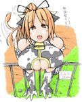  amber_eyes animal_ears artist_request bell blush blushing breast_press breasts cleavage cleavage_cutout cow_bell cow_ears cow_girl cow_print cow_tail cowgirl gloves long_hair lowres orange_hair pony_tail ponytail redhead tail tongue ushimimi yellow_eyes 
