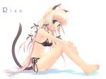  animal_ears bikini blonde_hair blue_eyes cat_ears long_hair original ribbon side-tie_bikini sitting solo swimsuit tail touto_seiro 