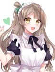  1girl :d apron black_bow black_dress bow breasts brown_eyes brown_hair commentary_request dress eburidei_hitomigokuu green_bow hair_bow hand_up heart long_hair love_live! love_live!_school_idol_project maid maid_headdress minami_kotori one_side_up open_mouth puffy_short_sleeves puffy_sleeves short_sleeves simple_background small_breasts smile solo upper_body very_long_hair white_apron white_background 