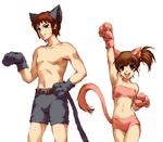  1girl animal_ears armpits brother_and_sister brown_hair cat_ears hisahiko kyon kyon_no_imouto lowres midriff siblings simple_background suzumiya_haruhi_no_yuuutsu tail white_background 