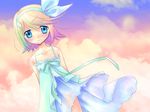  blonde_hair blue_eyes blush child dress hair_ornament hair_ribbon hairclip kagamine_rin ribbon shiu_kazuki short_hair sky smile solo vocaloid white_dress wind 