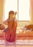  animal ardnades bed bedroom blue_eyes blue_hair cello dog indoors instrument long_hair looking_at_another lying on_bed on_stomach original sitting sitting_on_bed slippers smile solo sunset window 