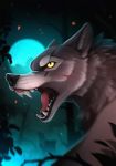  2019 ambiguous_gender black_lips black_nose canine detailed_background digital_media_(artwork) forest hi_res mammal moon night no_sclera open_mouth outside solo teeth tongue tree wolf yakovlev-vad yellow_eyes 