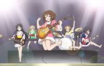  akiyama_mio band bass_guitar costume drum drum_set electric_guitar fur-trimmed_kimono fur_trim guitar hirasawa_yui instrument japanese_clothes jumping k-on! keyboard_(instrument) kimono kotobuki_tsumugi lens_flare multiple_girls nakano_azusa no_legwear qwer sandals short_kimono synthesizer tainaka_ritsu van_halen 