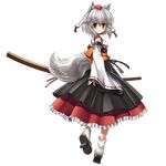  animal_ears blush detached_sleeves full_body geta hat highres inubashiri_momiji kei_kei looking_back md5_mismatch obi red_eyes sash short_hair silver_hair smile solo sword tabi tail tengu-geta tokin_hat touhou transparent_background weapon wolf_ears wolf_tail 