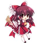  blush bow brown_eyes brown_hair chibi detached_sleeves full_body hair_bow hakurei_reimu highres ofuda sakurano_tsuyu solo touhou transparent_background 