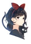  1girl animal animal_on_shoulder bangs black_cat black_dress black_hair bow brown_eyes cat cat_on_shoulder closed_mouth commentary cropped_torso dress english_commentary eyebrows_visible_through_hair hair_bow hairband highres jiji_(majo_no_takkyuubin) jun_project kiki looking_at_viewer looking_to_the_side majo_no_takkyuubin portrait red_bow red_hairband short_hair simple_background white_background 