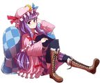  bad_id bad_pixiv_id book boots hat highres koke_(moromiso) long_hair patchouli_knowledge purple_eyes purple_hair ribbon solo thighhighs touhou 