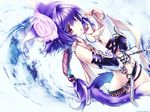  animal_ears belt blue_hair braid cat_ears corset flower gloves highres long_hair nekomimi no_panties pink_eyes plait purple_eyes purple_hair red_eyes rose scarf violet_eyes wallpaper 