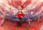  bad_id bad_pixiv_id blonde_hair cross field flandre_scarlet flower flower_field foreshortening grave graveyard hands hat light_smile minatsuki_randoseru open_mouth outstretched_arms outstretched_hand ponytail red_sky ribbon short_hair sky solo thighhighs touhou wings 