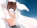  animal_ears bed_sheet brown_hair cat_ears earphones grey_skirt headphones nekomimi orange_singlet pink_singlet sheets short_hair singlet skirt white_sheet 