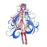  absurdly_long_hair adapted_costume alternate_costume armpits bare_shoulders blue_hair boots cross-laced_footwear detached_sleeves full_body gradient_hair hand_in_hair hat highres hinanawi_tenshi lace-up_boots legs long_hair magatama multicolored_hair red_eyes ryuuzaki_ichi skirt solo standing touhou transparent_background very_long_hair 