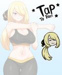  1girl absurdres alternate_breast_size_(larger) bare_shoulders black_pants black_sports_bra blonde_hair breasts chibi chibi_inset cleavage closed_eyes closed_mouth commentary cowboy_shot cynthia_(pokemon) grey_eyes hair_ornament hair_over_one_eye highres large_breasts long_hair looking_at_viewer meme midriff navel pants pokemon smile solo sports_bra stretching tap_me_(meme) thigh_gap very_long_hair yellow_trim yoga_pants zuchysdraws 