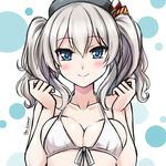  arms_up bikini bikini_top blue_eyes blush breast_press breasts highres kantai_collection kashima_(kantai_collection) long_hair medium_breasts polka_dot polka_dot_background silver_hair smile solo swimsuit the-sinner tsurime twintails white_bikini 