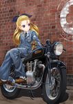  abazu-red assam blonde_hair blue_eyes boots brown_footwear brown_gloves dress_shirt emblem girls_und_panzer gloves ground_vehicle hair_ribbon jumpsuit light_smile long_hair long_sleeves looking_to_the_side motor_vehicle motorcycle necktie on_motorcycle ribbon shirt sitting solo st._gloriana's_(emblem) striped velocette_mac350 vertical_stripes white_shirt 