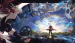  1boy 1girl absurdres acheron_(honkai:_star_rail) acheron_(slashed_dream)_(honkai:_star_rail) archer_(fate) archer_(honkai:_star_rail)_(fate) coat commentary dark-skinned_male dark_skin english_commentary fate/stay_night fate/unlimited_blade_works fate_(series) field_of_blades highres honkai:_star_rail honkai_(series) incantation multiple_swords multiple_weapons nadenadesuki red_coat spiked_hair sword too_many_weapons unlimited_blade_works_(reality_marble) weapon 