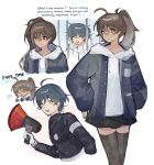  ! 1boy 1girl :d ^_^ ahoge aotsuki_eito aotsuki_eito_(cosplay) bandaid bandaid_on_face bandaid_on_nose black_jacket black_skirt black_thighhighs blue_hair blue_jacket brown_eyes brown_hair cage chibi chibi_inset clenched_hands closed_eyes closed_mouth cosplay cropped_torso crossover danganronpa:_despair_time david_chiem drawstring east-west_crossover empty_eyes evil_grin evil_smile expressionless frustrated full_body furrowed_brow gakuran gloves gradient_hair grey_hair grin hair_between_eyes hair_ornament hairclip hand_in_pocket hand_on_own_hip hands_up high_collar highres holding holding_megaphone hole_in_chest hole_on_body hood hood_down hoodie in_cage iron_bars jacket jacket_over_hoodie last_defense_academy_school_uniform long_hair long_sleeves looking_at_viewer megaphone messy_hair mocking multicolored_hair multiple_views musical_note open_clothes open_jacket open_mouth parallel_hairclips puffy_long_sleeves puffy_sleeves school_uniform short_hair single_sidelock skirt smile source_quote speech_bubble spoken_musical_note star-shaped_pupils star_(symbol) star_hair_ornament sumino_takumi sumino_takumi_(cosplay) symbol-shaped_pupils teruko_tawaki the_hundred_line_-last_defense_academy- thighhighs triangle_hair_ornament white_background white_gloves white_hoodie white_jacket xin_ci yellow_eyes 