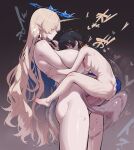  2girls absurdres antenna_hair ass barefoot black_collar black_hair blonde_hair blue_hands bouncing_testicles breasts collar colored_inner_hair commentary_request completely_nude crown earrings female_rover_(wuthering_waves) fleurdelys_(wuthering_waves) floating_crown floating_earrings from_side futa_with_female futanari gradient_background hair_ornament hairclip hetero highres horns huge_breasts huge_penis jewelry large_testicles lifting_person long_hair long_horns low-tied_long_hair low_ponytail manzai_sugar multicolored_hair multiple_girls nude parallel_hairclips penis pointy_ears ponytail ribbon rover_(wuthering_waves) sex sideboob single_horn suspended_congress tall_female testicles translation_request very_long_hair wuthering_waves yellow_eyes yellow_horns yellow_ribbon 