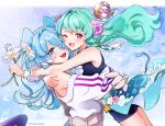  2girls ;d aqua_eyes aqua_hair armpit_crease artist_name blue_hair blush commentary crown elira_pendora elira_pendora_(1st_costume) english_commentary fangs finana_ryugu finana_ryugu_(1st_costume) flower hair_flower hair_intakes hair_ornament hair_over_one_eye head_wings highres holding holding_flower hug lazulight long_hair looking_at_viewer low_wings mugimugigo multiple_girls nijisanji nijisanji_en one_eye_closed overalls purple_eyes scales single_off_shoulder smile twitter_username virtual_youtuber wings 